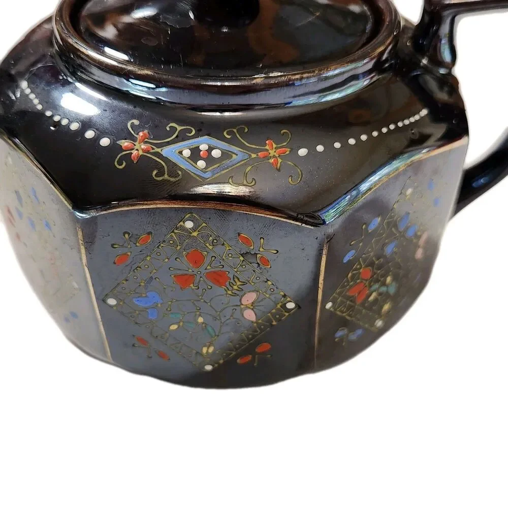 Vintage Japanese Teapot Brown Glazed Gold Trim Hand Painted 8 Sided Ceramic